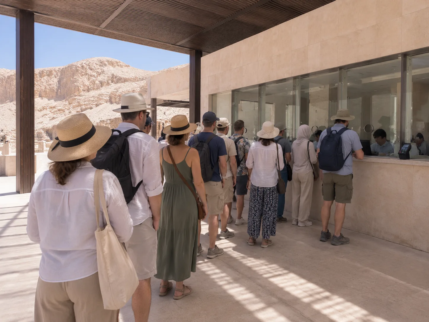 The ticket counter at the visitor centre: a card terminal on the desk and a queue in front of it, at the only point in the valley where cash is no use
